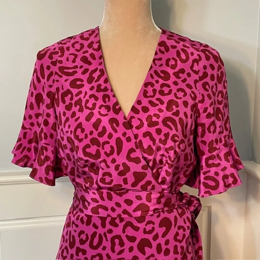 Marie Oliver Silk Leopard Wrap Dress Pink Ruffle Mini XS - Picture 3 of 12